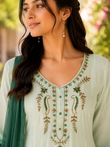 Elegant Pista to Green Embroidered Kurta Set with Dupatta
