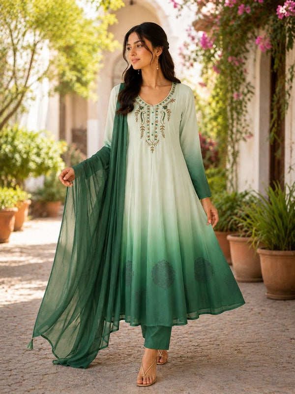 Elegant Pista to Green Embroidered Kurta Set with Dupatta