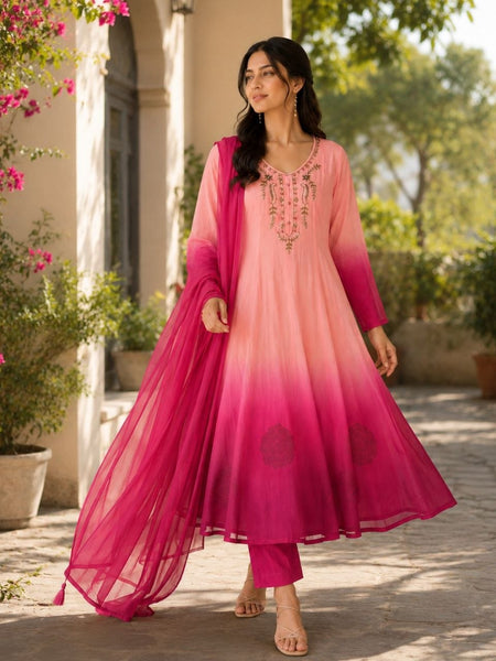 Elegant Peach to Red Embroidered Kurta Set with Dupatta