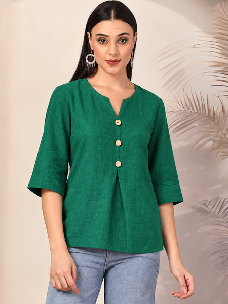 Women Solid Color V-Neck 3/4 Sleeve Cotton Top