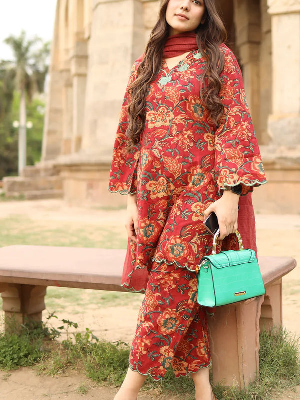 Red Floral Printed Kurta Set with Dupatta