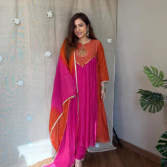 Women's Coffee Brown Embroidered Anarkali Kurta Set with Dupatta