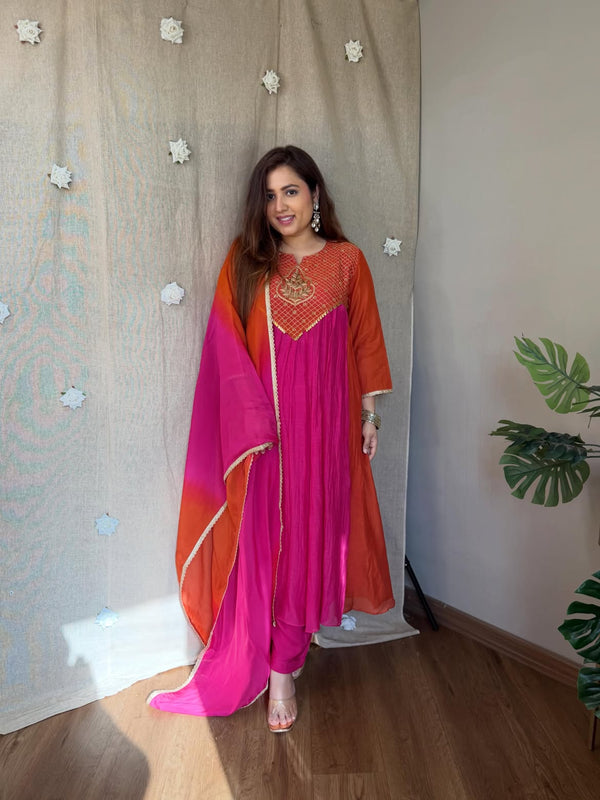 Women's Coffee Brown Embroidered Anarkali Kurta Set with Dupatta