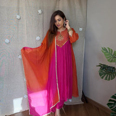 Women's Coffee Brown Embroidered Anarkali Kurta Set with Dupatta