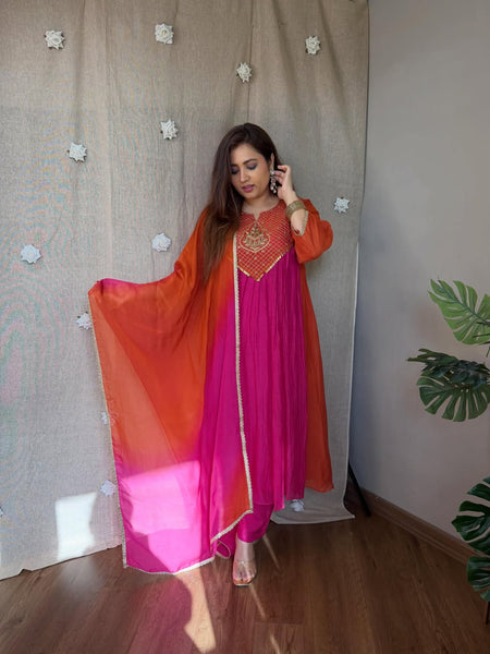 Women's Pink & Orange Ombre Embroidered Anarkali Kurta Set with Dupatta