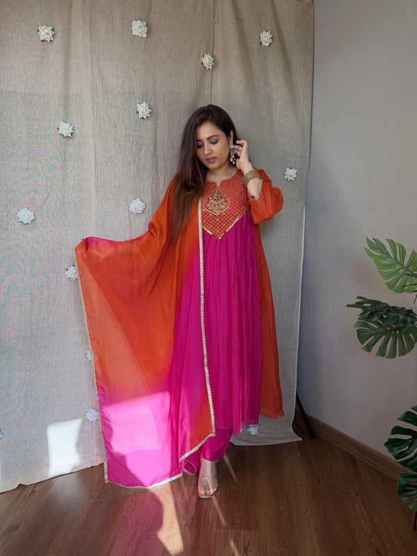 Women's Coffee Brown Embroidered Anarkali Kurta Set with Dupatta