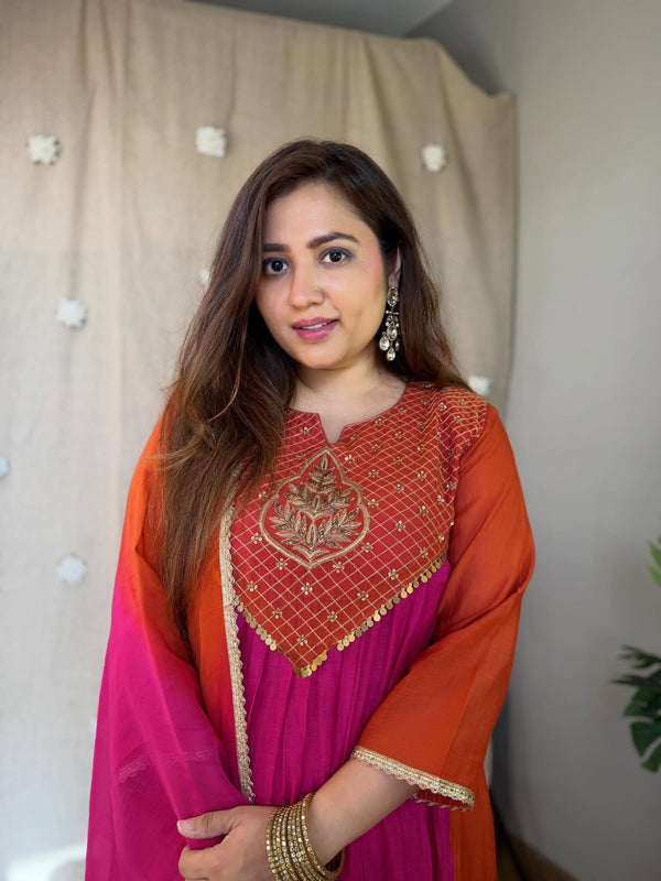 Women's Coffee Brown Embroidered Anarkali Kurta Set with Dupatta