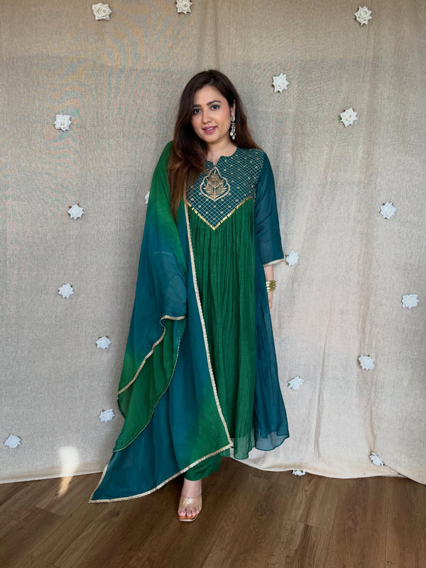 Women's Coffee Brown Embroidered Anarkali Kurta Set with Dupatta