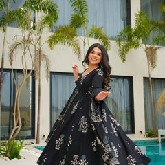 Elegant Black Printed Anarkali Suit with Dupatta