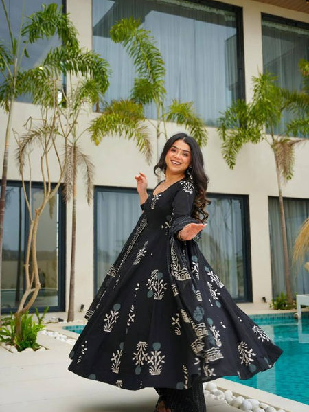 Elegant Black Printed Anarkali Suit with Dupatta