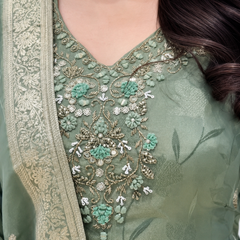 Royal Sage Green Embroidered Ethnic Suit Set with Elegant Dupatta