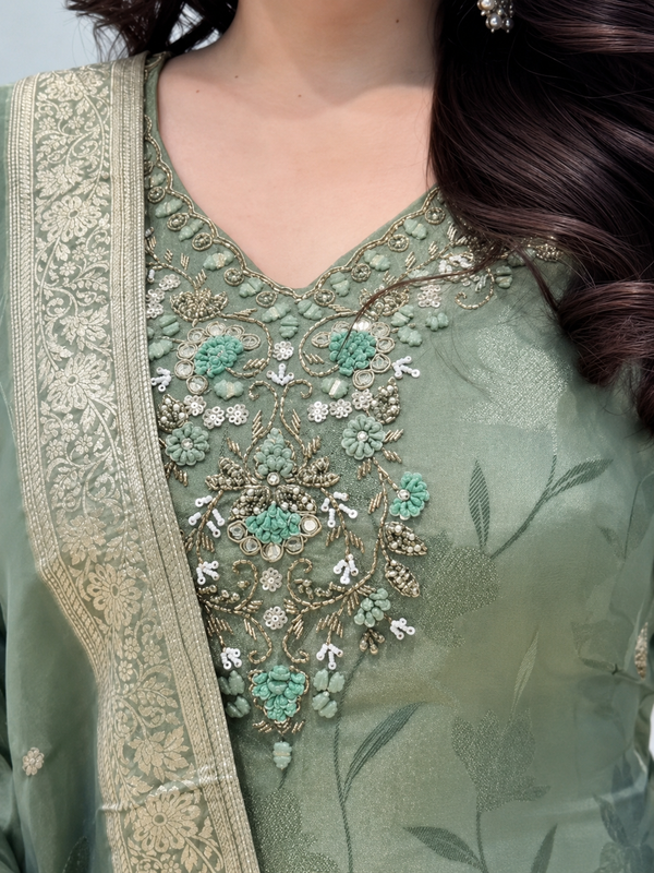Royal Sage Green Embroidered Ethnic Suit Set with Elegant Dupatta