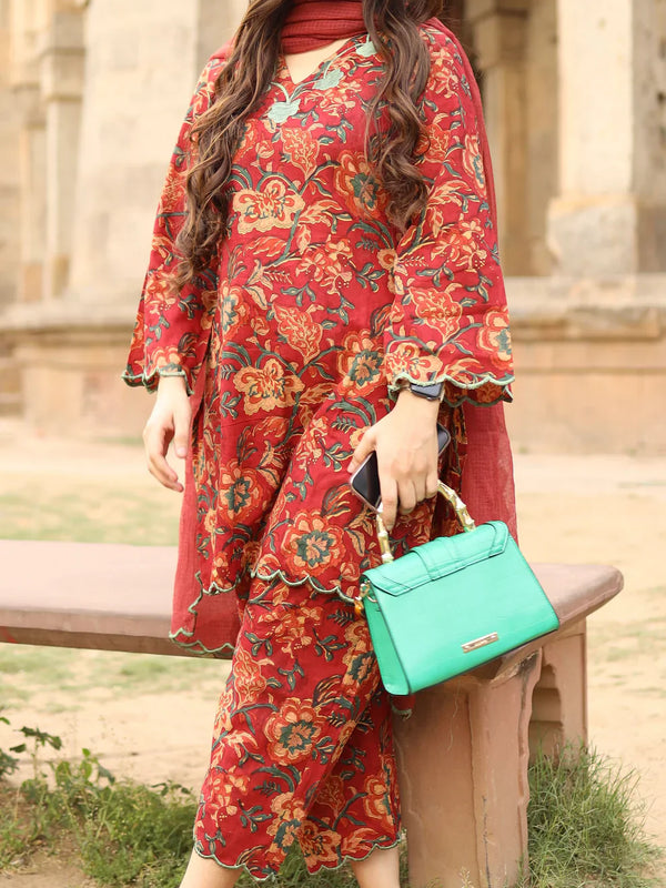 Red Floral Printed Kurta Set with Dupatta