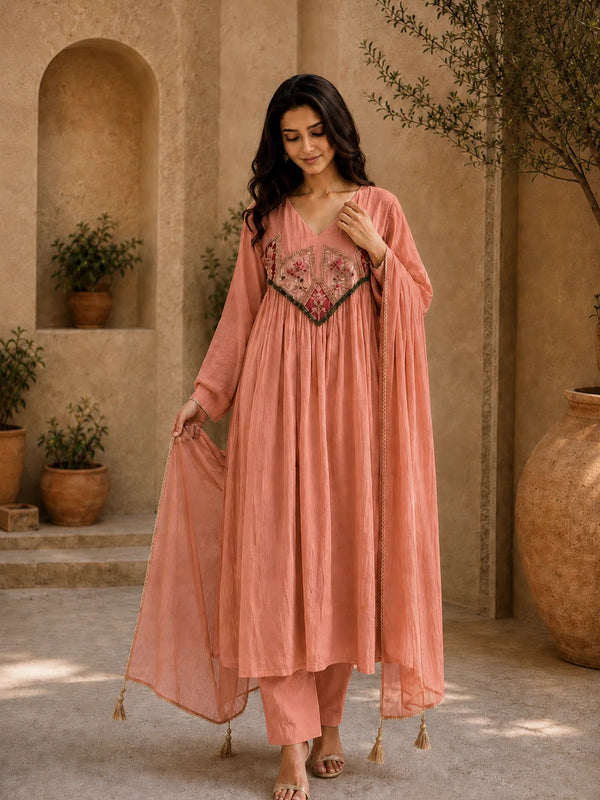 Embroidered Anarkali Suit Set with Dupatta