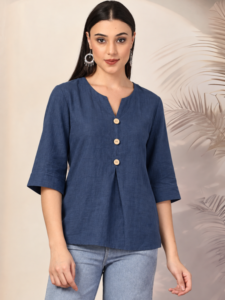 Women Solid Color V-Neck 3/4 Sleeve Cotton Top