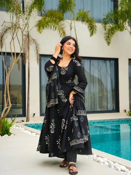 Elegant Black Printed Anarkali Suit with Dupatta