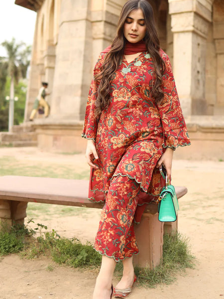 Red Floral Printed Kurta Set with Dupatta