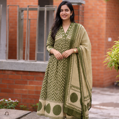 Women's Printed Cotton Anarkali Suit Set with Dupatta