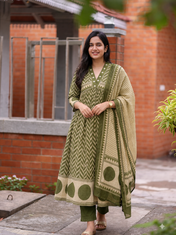 Women's Printed Cotton Anarkali Suit Set with Dupatta