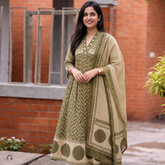 Women's Printed Cotton Anarkali Suit Set with Dupatta