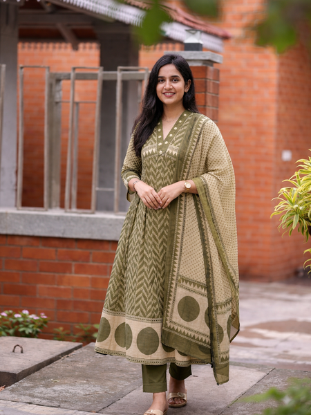 Women's Printed Cotton Anarkali Suit Set with Dupatta