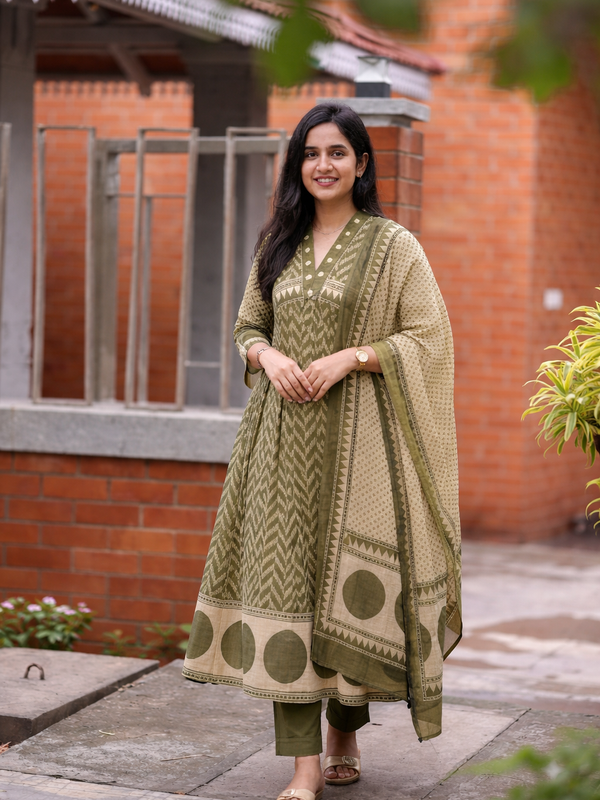 Women's Printed Cotton Anarkali Suit Set with Dupatta