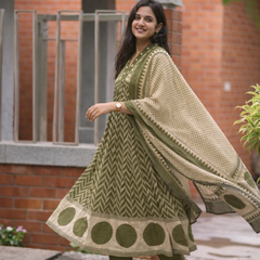 Women's Printed Cotton Anarkali Suit Set with Dupatta