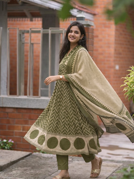 Women's Printed Cotton Anarkali Suit Set with Dupatta