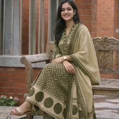 Women's Printed Cotton Anarkali Suit Set with Dupatta