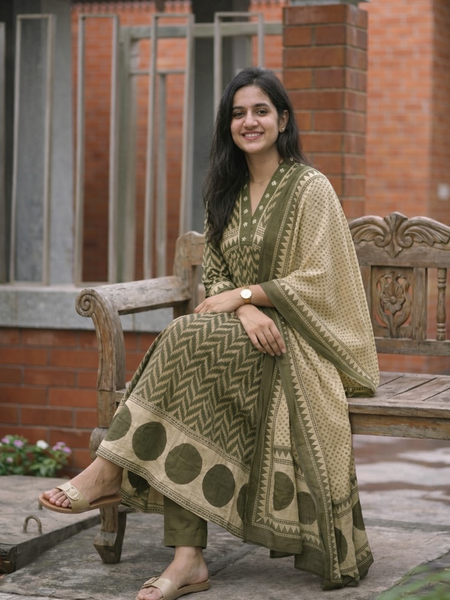 Women's Printed Cotton Anarkali Suit Set with Dupatta
