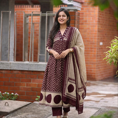 Women's Printed Cotton Anarkali Suit Set with Dupatta