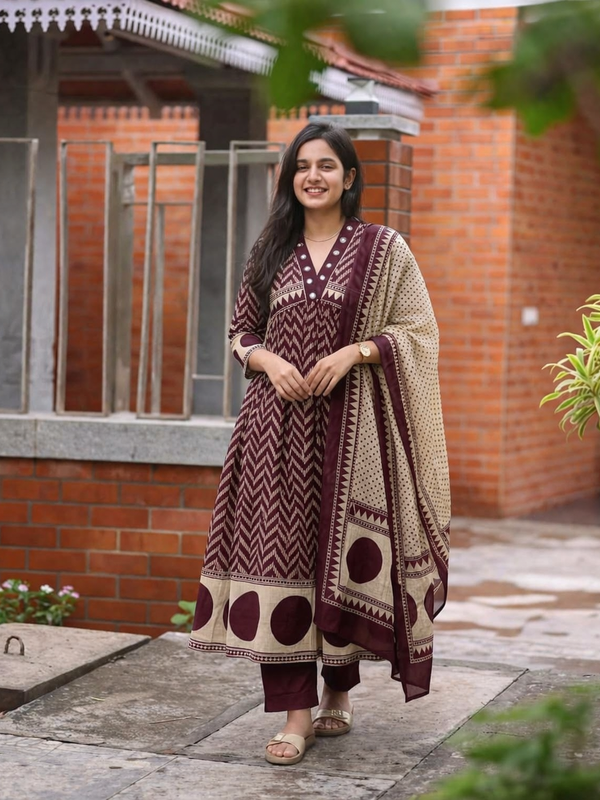 Women's Printed Cotton Anarkali Suit Set with Dupatta
