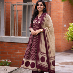 Women's Printed Cotton Anarkali Suit Set with Dupatta