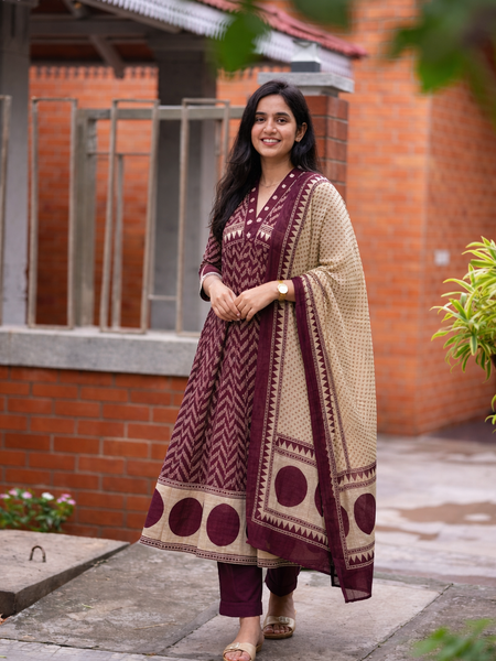 Women's Printed Cotton Anarkali Suit Set with Dupatta