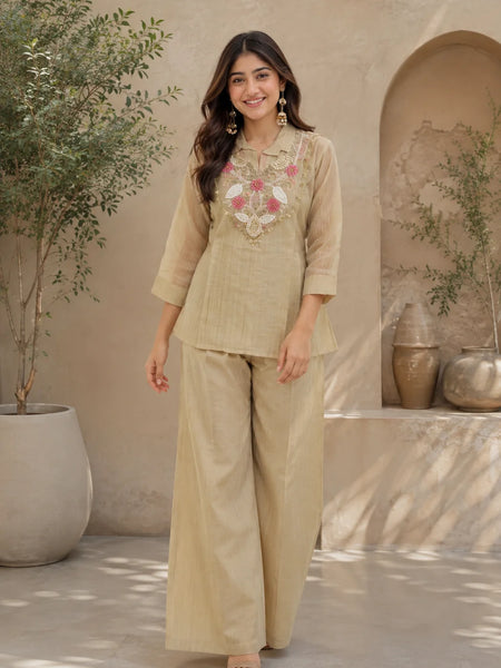 Golden Sand Embroidered Co-ord Set for Women