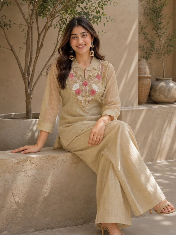 Golden Sand Embroidered Co-ord Set for Women
