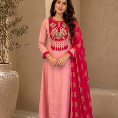 Blush Pink Embroidered A-Line Kurta Set with Fuchsia Woven Dupatta