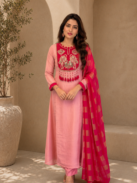 Blush Pink Embroidered A-Line Kurta Set with Fuchsia Woven Dupatta
