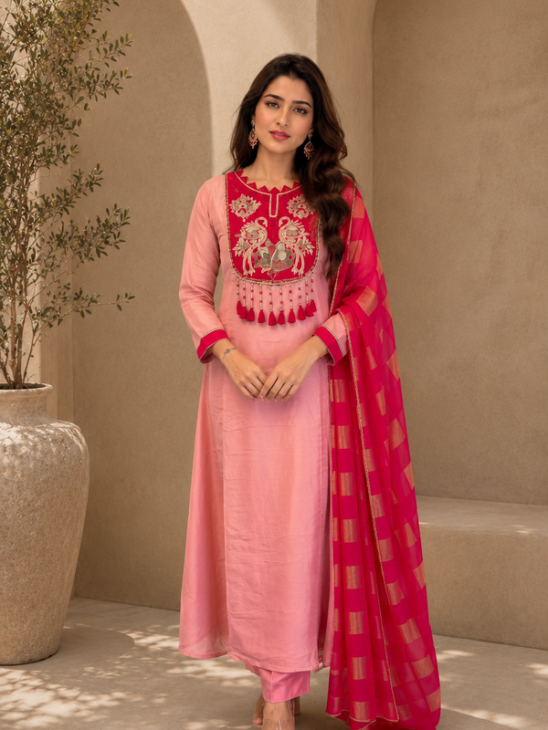 Blush Pink Embroidered A-Line Kurta Set with Fuchsia Woven Dupatta