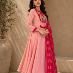 Blush Pink Embroidered A-Line Kurta Set with Fuchsia Woven Dupatta