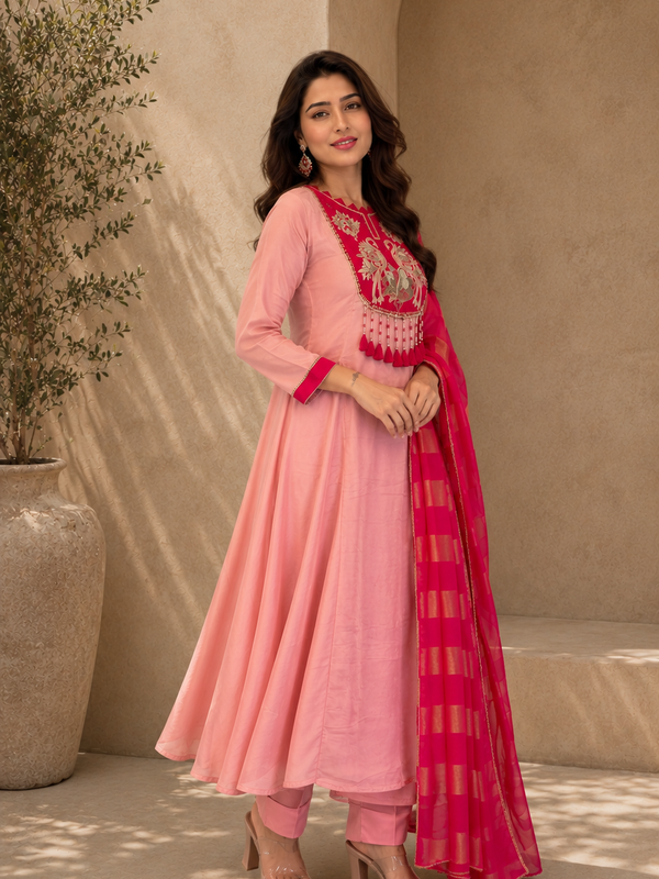 Blush Pink Embroidered A-Line Kurta Set with Fuchsia Woven Dupatta