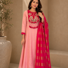 Blush Pink Embroidered A-Line Kurta Set with Fuchsia Woven Dupatta