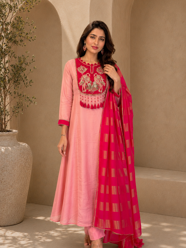 Blush Pink Embroidered A-Line Kurta Set with Fuchsia Woven Dupatta