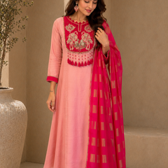 Blush Pink Embroidered A-Line Kurta Set with Fuchsia Woven Dupatta