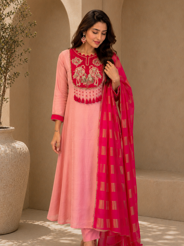 Blush Pink Embroidered A-Line Kurta Set with Fuchsia Woven Dupatta