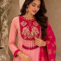 Blush Pink Embroidered A-Line Kurta Set with Fuchsia Woven Dupatta