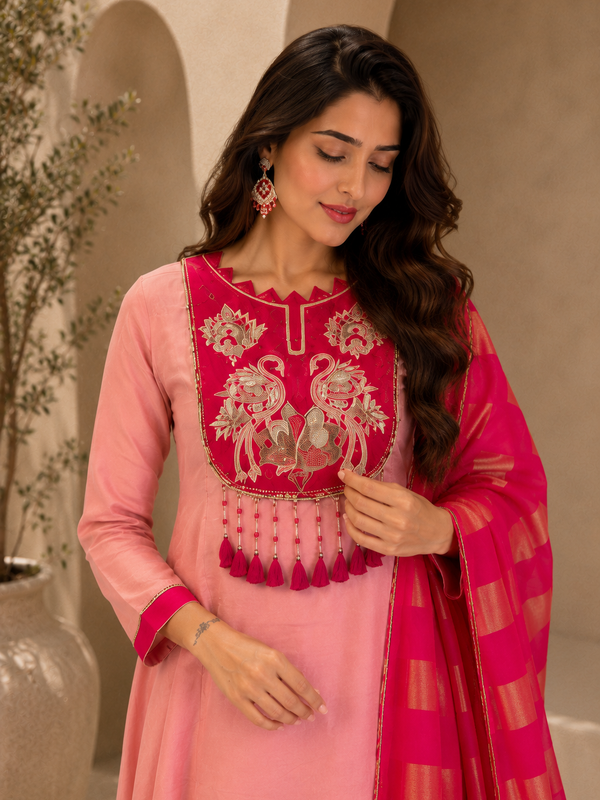 Blush Pink Embroidered A-Line Kurta Set with Fuchsia Woven Dupatta