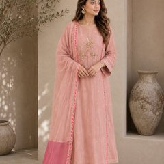 Elegant Embroidered Cotton Blend Kurta Set with Contrast Pink Dupatta