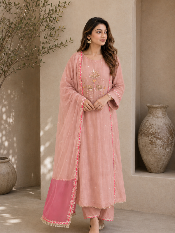 Elegant Embroidered Cotton Blend Kurta Set with Contrast Pink Dupatta