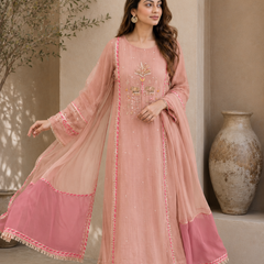 Elegant Embroidered Cotton Blend Kurta Set with Contrast Pink Dupatta